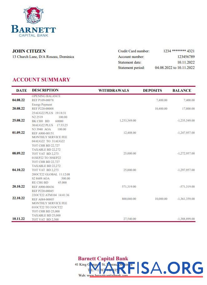 Blank Dominica Barnett Capital bank statement excel sample
